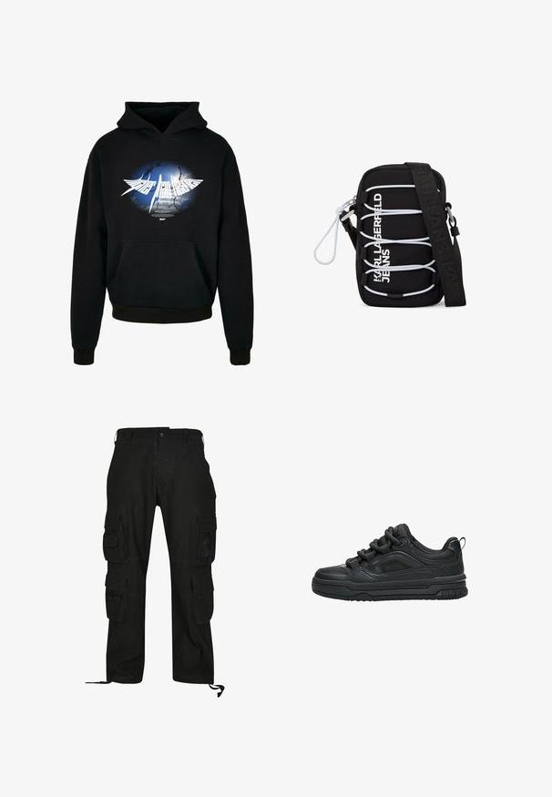 Schwarzer Hoodie mit einem zentralen weißen Grafikdesign, das einen blauen und grauen Burst-Effekt zeigt, sowie dem Text "Higher than Heaven" in stilisierter Schrift. Mit Fronttasche.; Schwarze Cargo-Hosen aus strapazierfähigem Material, mit mehreren Seitentaschen, lässiger Passform und verstellbaren Fußgelenkriemen.; Schwarzer Low-Top-Sneaker mit dicker Sohle, gepolstertem Kragen, Mesh-Einsätzen und kräftigen Schnürsenkeln, dargestellt vor weißem Hintergrund.; Schwarze Umhängetasche mit weißen elastischen Schnüren, silbernen Beschlägen und dem Aufdruck "KARL LAGERFELD JEANS" in Weiß auf der Vorderseite, mit breitem schwarzem Träger.