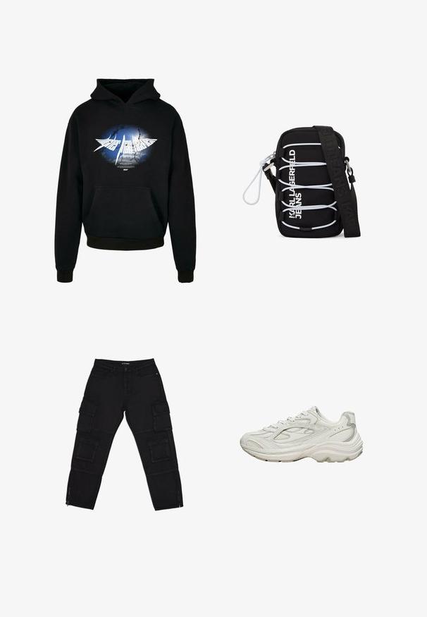 Hoodie noir avec un graphique central blanc et un design de sursaut bleu et gris, accompagné du texte "Plus haut que le ciel" dans une police stylisée. Poche avant.; Pantalons cargo noirs en tissu durable, dotés de plusieurs poches cargo, de chevilles zippées et de jambes droites avec des détails de couture subtils.; Baskets blanches avec une tige texturée et une semelle épaisse. Elles présentent des lignes courbes, des accents gris subtils et un design à lacets.; Sac bandoulière noir avec cordons élastiques blancs, ferrures argentées, et texte "KARL LAGERFELD JEANS" en blanc sur le devant, avec une large sangle noire.