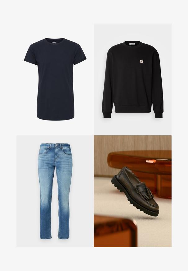 Musta puuvillainen crewneck-huppari pitkillä hihoilla, jossa on pieni suorakulmainen logopatchi rinnassa ja ribbireunat hihoissa.; Yksinkertainen tummansininen lyhythihainen t-paita, jossa on normaali kaula-aukko, kapea leikkaus ja ei näkyviä logoja tai kuvioita.; Vaalean siniset farkut suoralla lahkeella, joissa on viisi taskua, hieno haalistuminen reiden alueella ja klassinen nappilukko vyötäröllä.; Tummanruskea nahkainen loafer-tossu hapsuilla, musta paksupohjainen pohja, esillä beigenvärisellä matolla lähellä läpikuultavaa oranssia huonekalua.