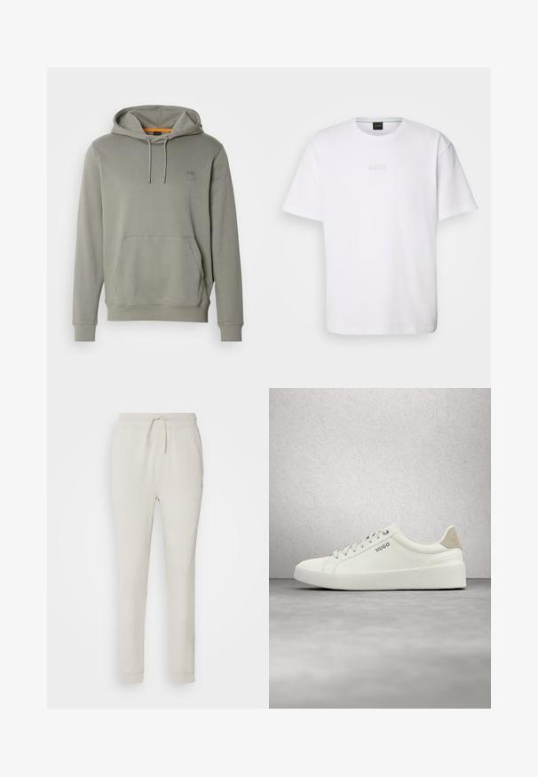 BOSS WETALK - Hættetrøje - open grey; Hvid bomulds T-shirt med korte ærmer, rund halsudskæring og præget "BOSS" logo på brystet. Glat tekstur, standard pasform.; Lys beige sweatpants lavet af blødt, tekstureret stof. Har en snørre i taljen, ribbede manchetter og sidelommer. Skræddersyet pasform.; Hvid lav sneaker med snørebånd og beige hælflap med mærket "HUGO," svævende over en poleret betonflade nær en glasblokvæg.