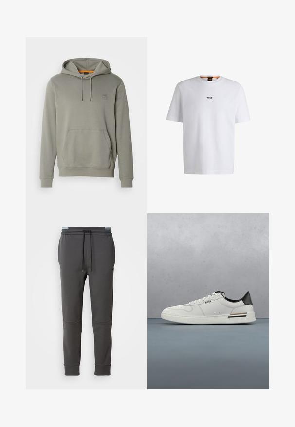 BOSS WETALK - Hættetrøje - open grey; Hvid bomuld T-shirt med korte ærmer, med et sort "BOSS" logo centreret på brystet og en rund halsudskæring.; Kullfarvede sweatpants med elastisk talje, justerbar snøre, sidelommer og ribbede manchetter. Glat tekstur og tætsiddende design.; Hvide lavtoppede sneakers med sort hæl, snørebånds lukning, subtile perforeringer og "BOSS" logo på siden, vist fra ydersiden i profil.
