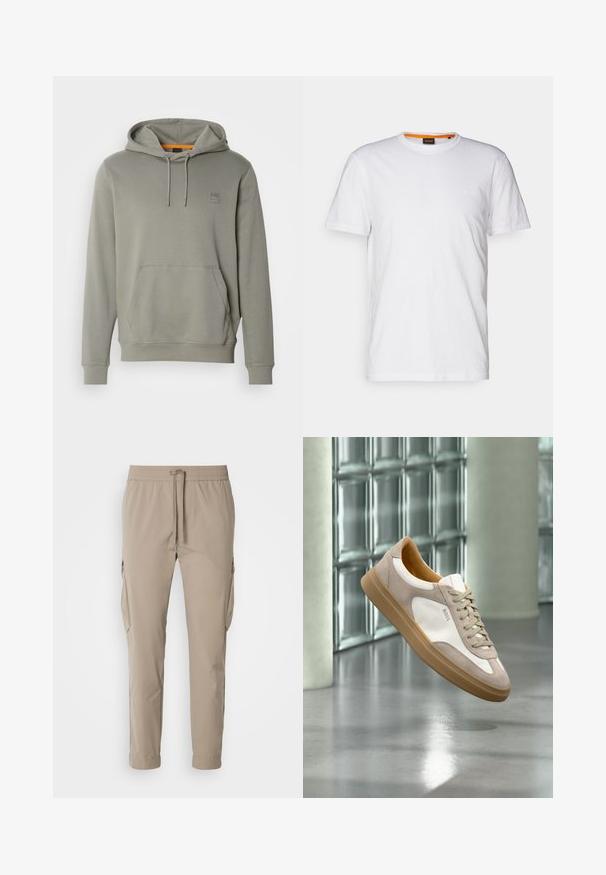 BOSS WETALK - Jersey con capucha - open grey; Camiseta de algodón blanca con cuello redondo, mangas cortas y un sutil logo en relieve en el pecho. La etiqueta interior tiene un acento naranja.; Pantalones cargo beige con cintura elástica y cordón. Presenta bolsillos laterales y un diseño de pierna ajustada, fabricados en tela ligera.; Zapatilla beige y blanca con suela marrón claro y logo "BOSS", suspendida sobre un suelo liso y reflectante con pared de bloques de vidrio al fondo.