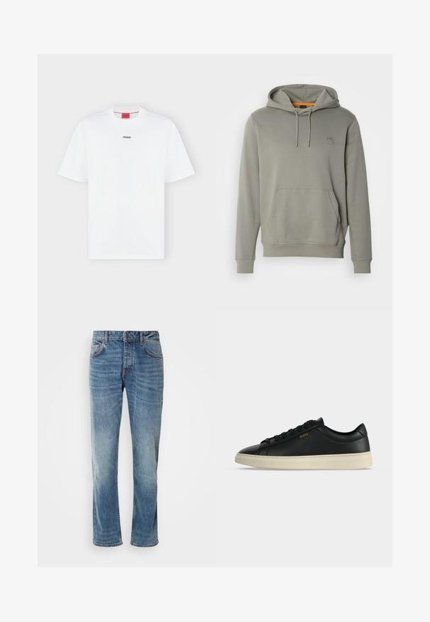 BOSS WETALK - Hættetrøje - open grey; Hvid T-shirt med korte ærmer med lille sort "HUGO" logo centreret på brystet og et rødt mærke inde i kraven.; Lyseblå denimbukser med lige ben, fem lommer, kontrasterende syninger og en falmet finish. Har en knap- og lynlåsåbning.; Sort lavtop lædersneaker med hvid sål, sorte snørebånd og lille gyldent BOSS-logo på siden.