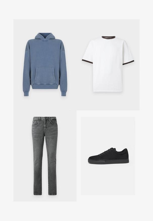 Blå bomulds sweatshirt med en frontlomme, justerbar snøre hætte og ribbede manchetter. Glat tekstur, afslappet pasform og syet detaljer.; Hvid T-shirt med korte ærmer og sort kant på krave og ærmekanter vist på en ensfarvet baggrund.; Grå denim jeans med straight leg pasform, fem-lomme design, subtilt falmet tekstur og bæltesløjfer. Ingen synlig branding eller pynt.; Sort lavtop sneaker med snørelukning foran og flad gummisål, vist fra siden på en hvid baggrund.
