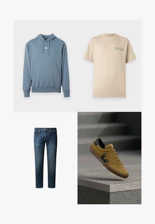 Blå hættetrøje med front-kængurulomme og lille hvid The North Face-logo centreret på brystet.; Beige T-shirt med korte ærmer og rund hals med lille grøn tekst "PURE ZEST" og et citrusinspireret citat på venstre bryst.; Mørkeblå denim jeans med lige ben, der har fem lommer, knaplukning og subtile falme detaljer på stoffet.; Gul ruskindsneaker med sorte læderdetaljer, tekstureret overflade, flade snørebånd og en brun gummisål med en logo på tungen.