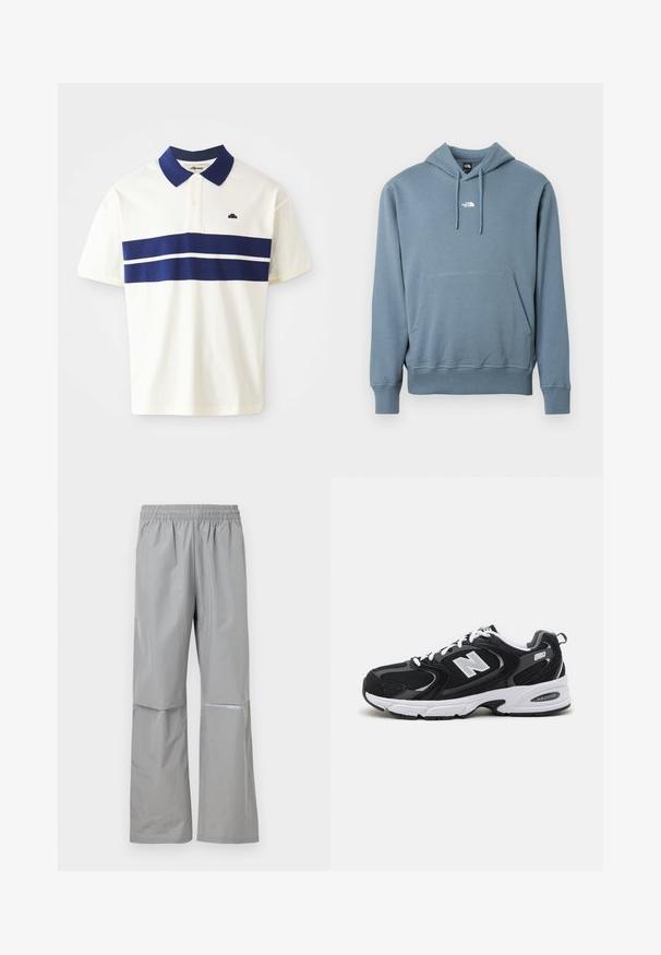 Sininen hupullinen collegepaita, jossa on etutasku ja pieni valkoinen The North Face -logo keskellä rintaa.; Polo shirt putih dengan garis navy membentang di dada dan kerah. Memiliki lengan pendek dan logo kecil di sisi kiri dekat kerah.; Vaaleanharmaat vedenpitävät sadetakit, joissa on joustava vyötärönauha ja heijastinraita oikeassa lahkeessa, suunniteltu ulkokäyttöön.; Mustat ja harmaat urheilukengät, joissa on verkkokangas- ja keinonahka päällyste, valkoinen välipohja, nauhat sekä rohkea "N"-logo sivussa.