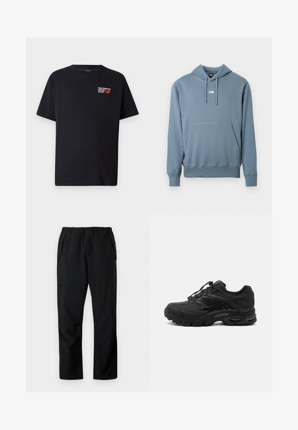 Blå hættetrøje med front-kængurulomme og lille hvid The North Face-logo centreret på brystet.; Sort bomulds T-shirt med rund halsudskæring. Har et lille rødt og hvidt "New Balance" logo og tekst på den øverste venstre brystområde.; Sorte afslappede bukser med elastisk talje, to sidelommer og en lynlåslomme på låret, vist fladt på hvid baggrund.; Sort atletisk sneaker med tekstureret stof, tyk polstret sål, luftventiler og snørelukning, vist fra siden på en lys baggrund.