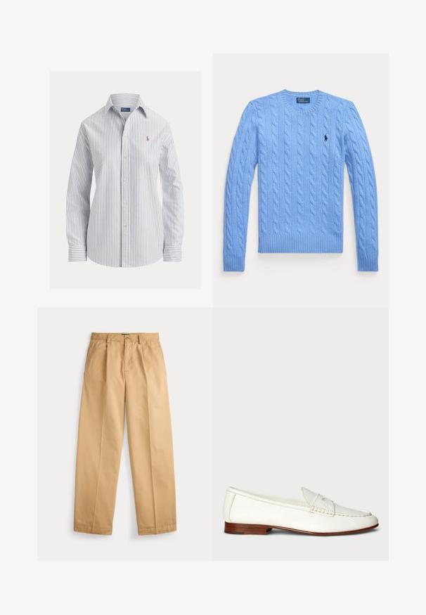 Svetlomodrý sveter dlhý rukáv s vrkočovým vzorom, okrúhlym výstrihom a malým tmavým logom na ľavej strane hrudi.; Biela košeľa na gombíky s tenkými zvislými modrými pruhmi, dlhými rukávmi, špicatým golierom a malým vyšivaným logom na hrudi.; Béžové nohavice s rovným strihom, zapínaním na gombík a zips, prednými vreckami, pútkami na opasok a vyžehlenými skladmi na nohaviciach.; Bílé kožené mokasíny s texturovaným povrchem, zaoblenou špičkou a tkaným detailem. Nízký dřevěný podpatek a minimalistický design.