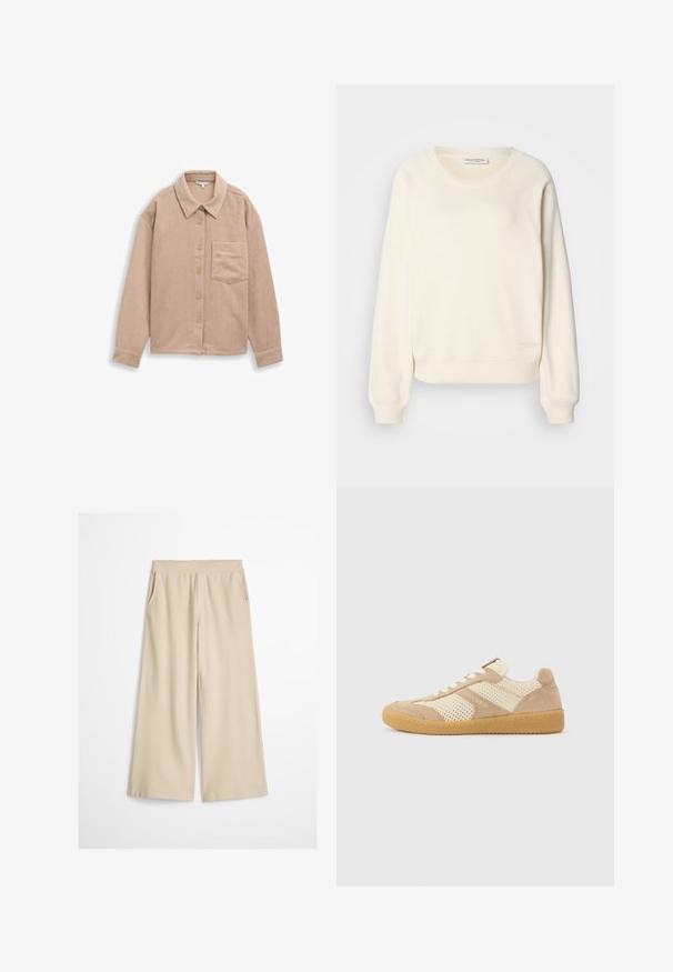 Trøje i cremefarvet blødt stof med raglanærmer, ribkanter ved ærmer og kant, samt et diskret logo i nederste kant.; Beige corduroy skjortejakke med krave, fem-knaps lukning og en enkelt brystlomme. Blød tekstur med lodret ribb.; Bukser med brede ben i cremefarve med høj talje og uden synlige lukninger eller lommer, vist mod en hvid baggrund.; Beige og cremefarvet lavtop-sneaker med mesh- og ruskindspaneler, hvide snørebånd og en sål af gummigummi, set fra siden på en ensfarvet baggrund.