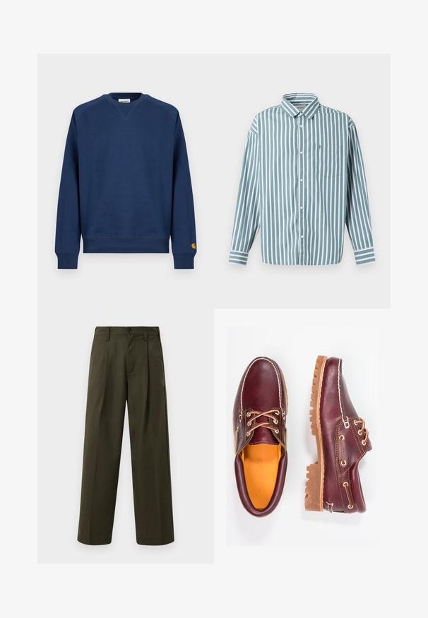 Marineblauer Pullover mit Rundhalsausschnitt, gerippten Bündchen und Saum. Mit einem kleinen Logoaufnäher am linken Ärmel. Aus weichem Stoff gefertigt.; Hellblau-weiß gestreifte Hemdbluse mit langen Ärmeln, Kragen und Brusttasche. Hergestellt aus einem glatten, gewebten Stoff.; Olivgrüne weit geschnittene Hosen aus Baumwolle mit glatter Textur, ausgestattet mit einer Fronttasche, Gürtelschlaufen und einem einzigen Knopfverschluss.; Bordeauxfarbene Lederschuhe mit braunen Gummisohlen, runder Zehenform, weißen Nähten und goldenen Ösen. Das Innenfutter weist eine gelbe Beschichtung auf.