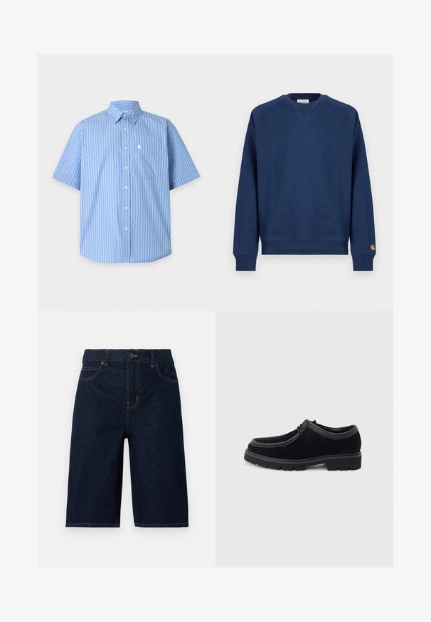 Sweat-shirt bleu marine à col rond, avec poignets et ourlet côtelés. Présente un petit écusson logo sur la manche gauche. Confectionné en tissu doux.; Chemise bleu clair à manches courtes à boutons avec fines rayures verticales et une poche poitrine sur un fond uni.; Shorts en denim bleu foncé longueur genou avec poches avant, passants pour ceinture, fermeture par bouton et coutures contrastées visibles.; Chaussure à lacets en daim noir avec semelle en caoutchouc épaisse et embout arrondi, vue de profil sur fond gris clair.