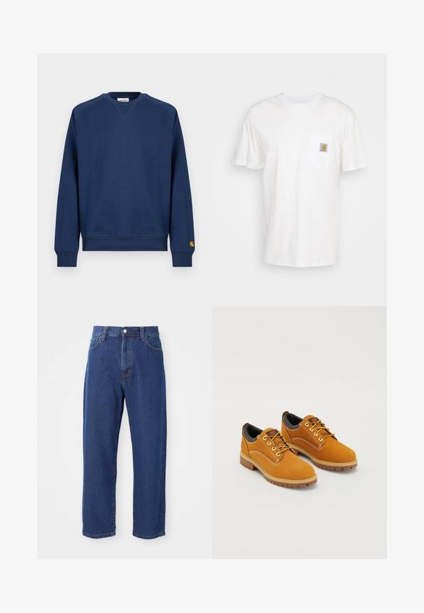 Sudadera azul marino con cuello redondo, puños y dobladillo acanalados. Presenta un pequeño parche con logo en la manga izquierda. Está confeccionada con tela suave.; Camiseta de algodón blanca con mangas cortas, un bolsillo en el pecho y un pequeño parche cuadrado de logo en naranja y blanco en el bolsillo.; Vaqueros de tiro alto de algodón, con una silueta de pierna recta, costuras visibles y un cierre de botón en la parte delantera.; Zapatos de ante marrón con punta redonda, cordones amarillos, un collar acolchado negro y suelas de goma con surcos de tracción.