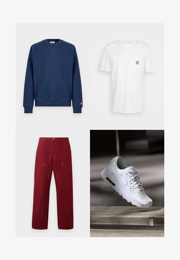 Mørkeblå sweatshirt med rund hals, ribstrikkede manchetter og kant. Har et lille logopatch på venstre ærme. Fremstillet af blødt stof.; Hvid bomulds T-shirt med korte ærmer, en brystlomme, og et lille firkantet logo patch i orange og hvid på lommen.; Bordeaux farvede bomuldsbukser med lige snit, som har to forlommer, sølvhardware og knædetaljer. Glat tekstur, mellem vægt.; Hvide Nike Air Max 90 sneakers med en overdel i mesh og læder, perforeret tåboks og en synlig luftenhed i hælen.
