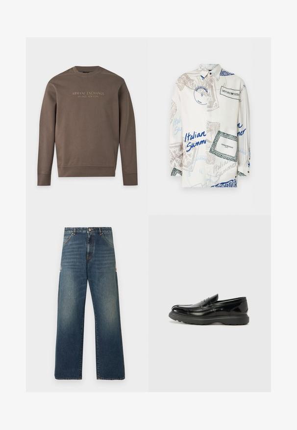 Sweat-shirt marron à manches longues avec col rond, imprimé de "Armani Exchange Milano / New York" sur la poitrine.; Chemise blanche à boutons avec des imprimés graphiques bleus, gris et verts ainsi que du texte incluant "Italian Summer" et "Emporio Armani Milano".; Jean en denim bleu à jambes droites avec taille mi-haute, design classique à cinq poches et légère décoloration subtile sur les cuisses et les genoux.; Mocassin en cuir noir avec une finition brillante, bout arrondi, détails de couture subtils et semelle en caoutchouc épaisse pour la durabilité.