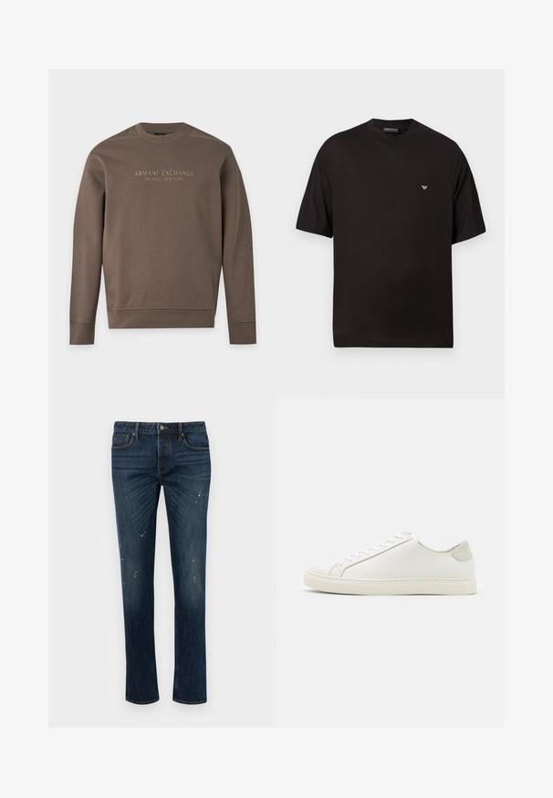Brun sweatshirt med lange ærmer og rund hals med teksten "Armani Exchange Milano / New York" trykt over brystet.; Sort T-shirt med korte ærmer og V-hals med en lille hvid broderet logo på venstre bryst.; Mørkeblå slim-fit jeans med let falming og små hvide malingssprøjt, med fem lommer og knaplukning.; Hvide lædersneakers med en glat overflade, rund tå og minimalistisk design. Funktioner i beige nuancer på hælen og en gummisål.