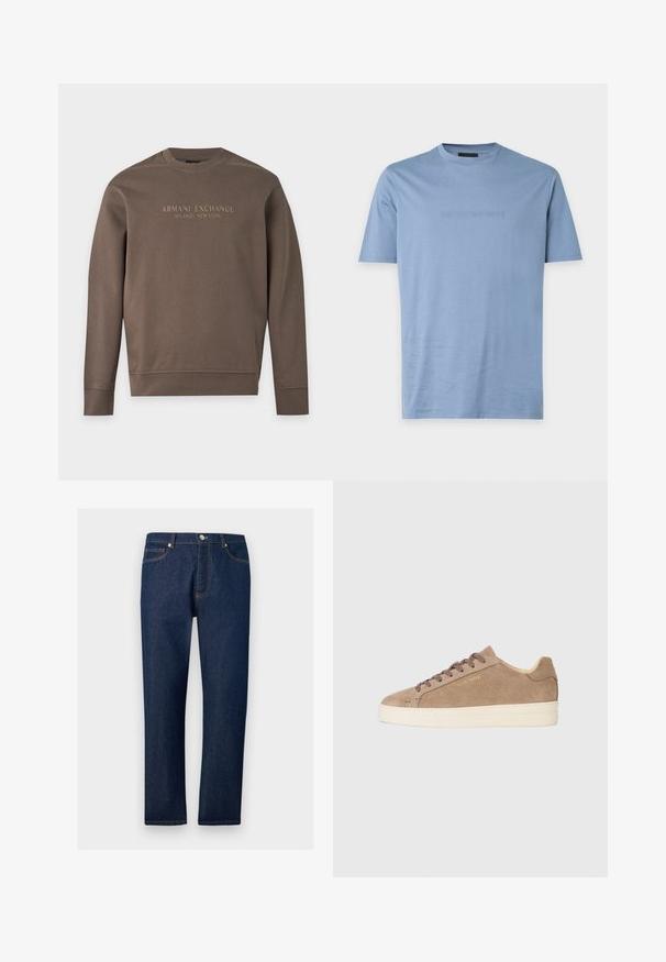 Sweat-shirt marron à manches longues avec col rond, imprimé de "Armani Exchange Milano / New York" sur la poitrine.; T-shirt bleu clair à manches courtes avec col rond et logo Emporio Armani embossé subtil centré sur la poitrine.; Jean droit en denim bleu foncé avec poches avant et arrière, passants pour ceinture et fermeture par bouton à la taille.; Baskets en daim beige avec une toe ronde, semelle en caoutchouc crème et lacets marron. Présente un logo de marque en relief sur le côté et un matériau texturé.