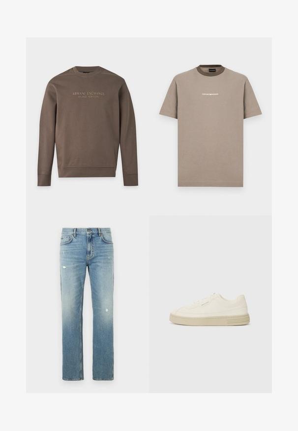 Hnedá mikina s dlhým rukávom a okrúhlym výstrihom s potlačou "Armani Exchange Milano / New York" na hrudi.; Hnedé bavlnené tričko s krátkymi rukávmi a okrúhlym golierom. Má kontrastný tmavohnedý golier a biely nápis "EMPORIO ARMANI".; Svetlomodré riflové nohavice s rovnými nohavicami, so vyblednutými časťami a drobnými opotrebovanými miestami. Klasický dizajn s piatimi vreckami a slučkami na opasok.; Biele plátenné tenisky s textúrovanou gumovou podrážkou, so šitým špičkovým krytom a logom na päte. Jednoduchý dizajn so šnurovaním.