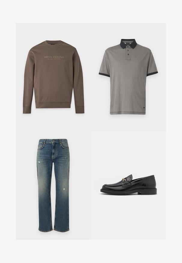 Bruine trui met lange mouwen en ronde hals met "Armani Exchange Milano / New York" bedrukt over de borst.; Korte mouwen polo shirt in zwart en grijs geruit patroon, met een zwarte kraag en een drie-knopen sluiting. Zacht materiaal met een gladde textuur.; Spijkerbroeken in medium blauw met een rechte snit, met lichte vervaging en versleten stukken. Klassiek vijf-pocket ontwerp en sluiting met bovenste knoop.; Zwarte leren instappers met een ronde neus, voorzien van een gouden hardware accent en stikdetails, geplaatst op een lage, getextureerde rubberen zool.