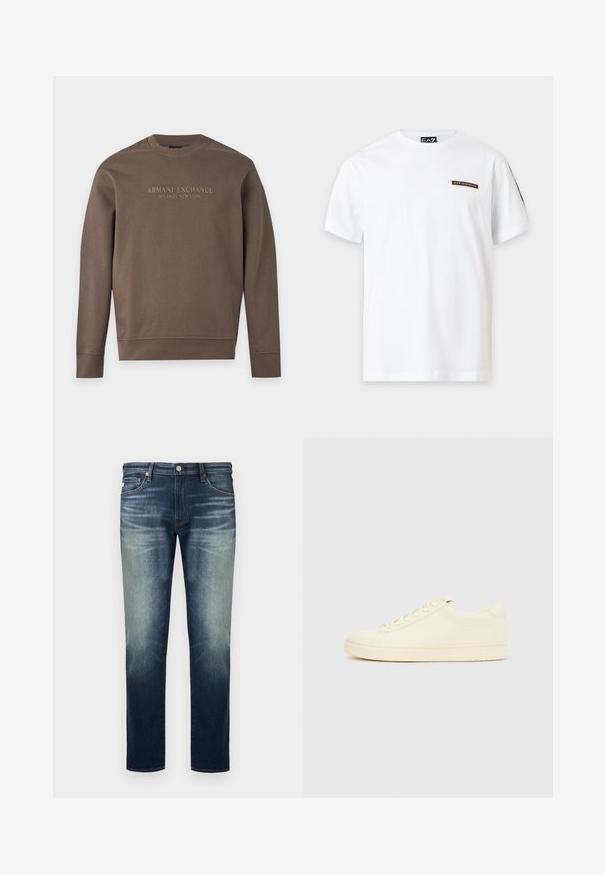 Sweat-shirt marron à manches longues avec col rond, imprimé de "Armani Exchange Milano / New York" sur la poitrine.; T-shirt blanc à manches courtes avec un petit patch logo EA7 Emporio Armani sur la poitrine gauche et une étiquette de marque à l'intérieur du col.; Jean droit bleu pour hommes avec décoloration sur les cuisses et les genoux, fermeture avant par bouton et fermeture éclair, et design à cinq poches.; Baskets couleur crème avec une tige en cuir lisse, bout arrondi, laçage à l'avant et semelle en caoutchouc texturée. Design minimaliste, sans logo.