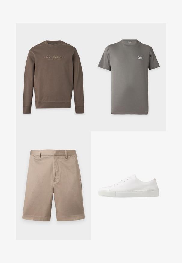 Sweat-shirt marron à manches longues avec col rond, imprimé de "Armani Exchange Milano / New York" sur la poitrine.; T-shirt gris à manches courtes avec col rond et logo blanc EA7 Emporio Armani sur la poitrine gauche et à l'intérieur du col.; Shorts chino beige jusqu'au genou avec passants pour ceinture, couture avant et taille ajustée, présentés sur un fond uni.; Baskets en cuir blanc avec une finition lisse, bout rond et six œillets pour les lacets. Présente une semelle en caoutchouc texturée et un design minimaliste.