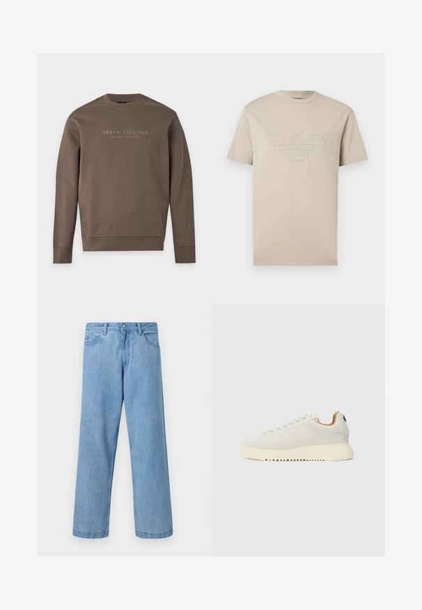 Braunes Sweatshirt mit Rundhalsausschnitt und langen Ärmeln, mit "Armani Exchange Milano / New York" bedruckt über der Brust.; Beiges T-Shirt mit kurzen Ärmeln, einem gestickten Adler-Logo und den Initialen "GA" mittig auf der Brust.; Hellblaue Jeans mit geradem Bein, vorderen Taschen, Gürtelschlaufen und einem Knopfverschluss vor einfarbigem Hintergrund.; Weiße Sneaker mit Obermaterial aus glattem Leder, dicke cremefarbene Gummisohle und subtilem Nähen. Minimalistisches Design mit abgerundeter Zehenpartie und Schnürsystem.