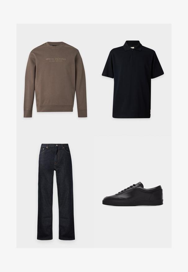 Brun sweatshirt med lange ærmer og rund hals med teksten "Armani Exchange Milano / New York" trykt over brystet.; Sort polo med korte ærmer, krave og en knap på en lysegrå baggrund.; Mørkeblå denim jeans med lige ben-design, fem lommer og orange stikninger. Metalknap og lynlåslukning.; Sort lavtstående lædersneaker med snørebånd foran og flad gummisål, vist fra siden på en ensartet hvid baggrund.