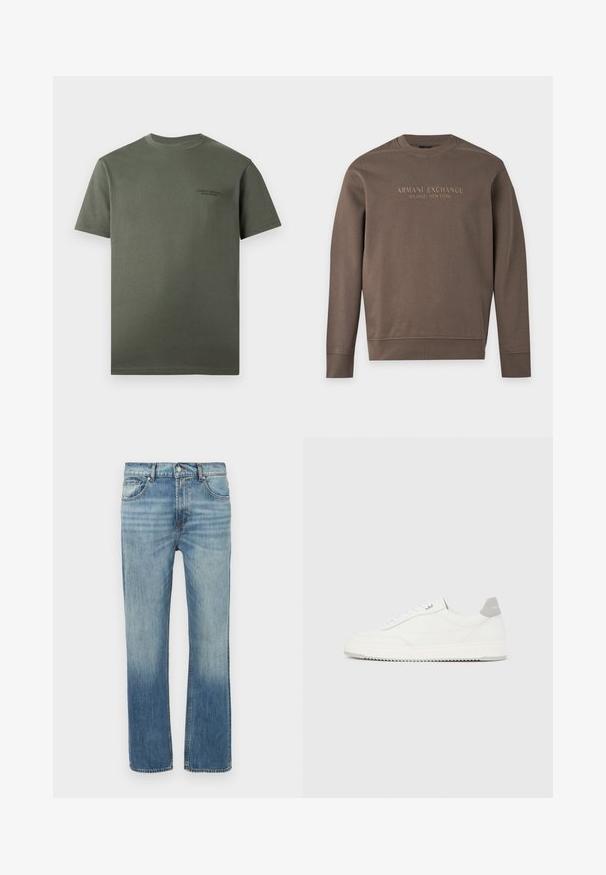 Sweat-shirt marron à manches longues avec col rond, imprimé de "Armani Exchange Milano / New York" sur la poitrine.; T-shirt uni vert foncé à manches courtes avec col rond et petit logo texte subtil sur le côté gauche de la poitrine.; Jean en denim bleu clair avec une coupe droite, des détails délavés, cinq poches et une fermeture avant par bouton. Coutures visibles le long des coutures.; Baskets basses blanches avec un onglet de talon gris, des lacets blancs et une semelle texturée, présentées sur un fond uni clair.