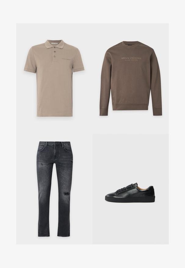 Bruine trui met lange mouwen en ronde hals met "Armani Exchange Milano / New York" bedrukt over de borst.; Polo shirt in lichtbruin katoenmix, met een drieknoopsluiting, korte mouwen en een subtiel geborduurd logo op de borst.; Zwarte slim-fit jeans met versleten gaten en witte verfspatten, met voor- en achterzakken en ceintuurlussen.; Zwarte leren sneaker met een gladde textuur, ronde neus en vetersluiting. Heeft een dikke rubberen zool en minimale merkaanpassing.