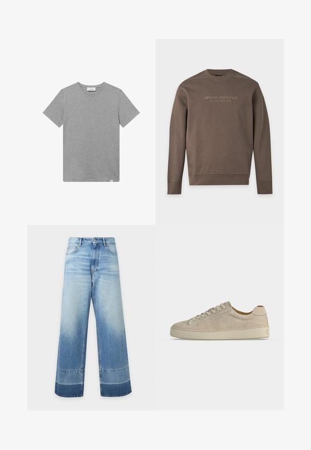 Sudadera marrón de manga larga con cuello redondo con "Armani Exchange Milano / New York" impreso en el pecho.; Camiseta gris de manga corta hecha de una mezcla de algodón. Presenta un cuello redondo y un pequeño detalle de logo en el lado izquierdo del frente.; Vaqueros de denim azul claro de pierna ancha con detalles descoloridos y bloques de color más oscuro cerca del dobladillo, botón delantero y bolsillos visibles.; Zapatilla beige de ante de tacón bajo con cierre de cordones y suela gruesa de goma, mostrada de lado sobre un fondo blanco liso.