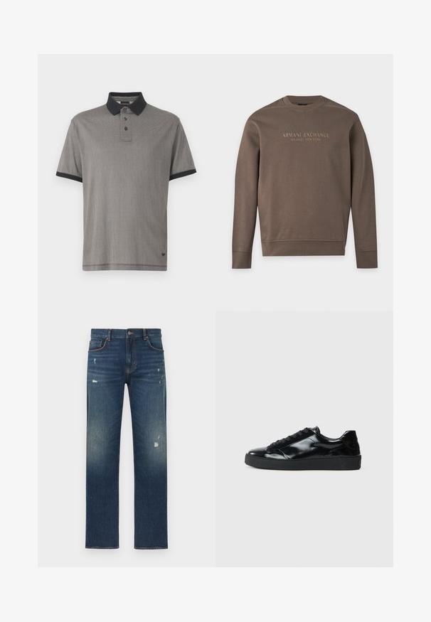 Brun sweatshirt med lange ærmer og rund hals med teksten "Armani Exchange Milano / New York" trykt over brystet.; Kortærmet polo t-shirt i sort og grå ternet mønster, med en sort krave og placket med tre knapper. Blødt stof med en glat tekstur.; Blå denimjeans med et lige ben-design, der har let slid og falmen, fem lommer og en knaplukning i taljen.; Sorte laklæder sneakers med rund tå, snørredesign, tekstureret gummisål og en glat overflade.