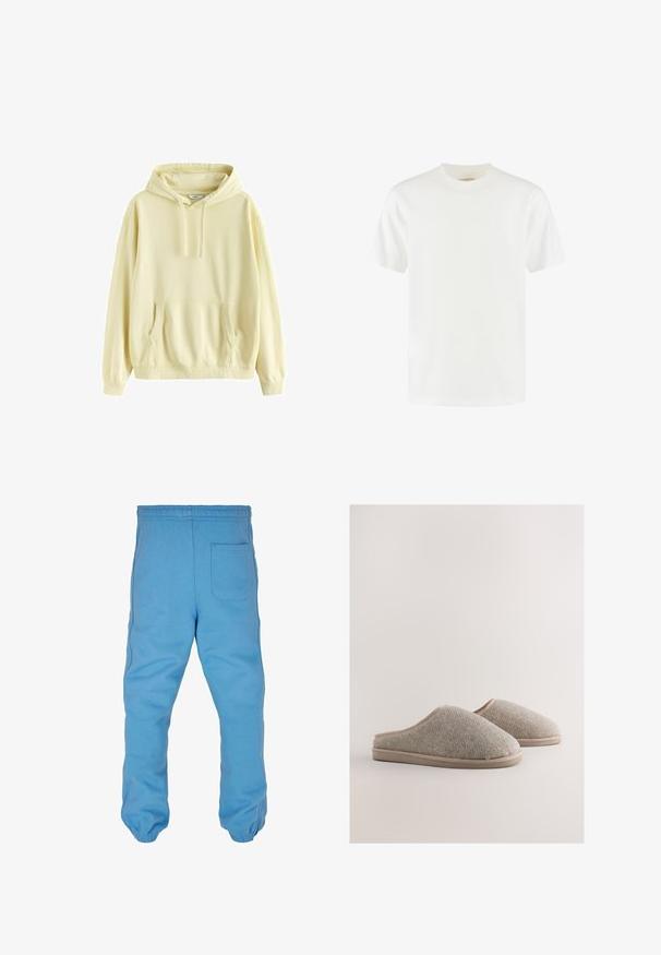 Lys gul hættetrøje med frontlomme, snøre i hætten og ribkant ved ærmer og bund, vist på hvid baggrund.; Hvid, kortærmet bomulds T-shirt med rund hals og almindelig pasform, vist mod en hvid baggrund.; Lyseblå sweatpants lavet af blødt bomuldsstof. Har en elastisk talje, tapered benmanchetter og en baglomme.; Grå uldtoffler med sildebensmønster, blød tekstur, beige kant og flade, polstrede såler. Letvægts- og åben ryg-design.