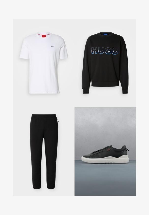 Sudadera negra que presenta un gran logo "HUGO" en bordado de degradado azul. Cuello redondo, puños y dobladillo acanalados. Fabricada con una tela suave.; Camiseta de algodón blanca de mangas cortas, con un escote redondo y pequeño logo negro "HUGO" en el lado izquierdo del pecho. Presenta una etiqueta en el cuello interior de color rojo.; Pantalones jogger negros con cintura elástica y puños en los tobillos, que cuentan con una pequeña cremallera lateral y un sutil logo de la marca en la pierna derecha.; Zapatilla negra de piel suave, con suela texturizada en gris, punta redonda y cordones negros. Presenta un pequeño logo rojo "HUGO".