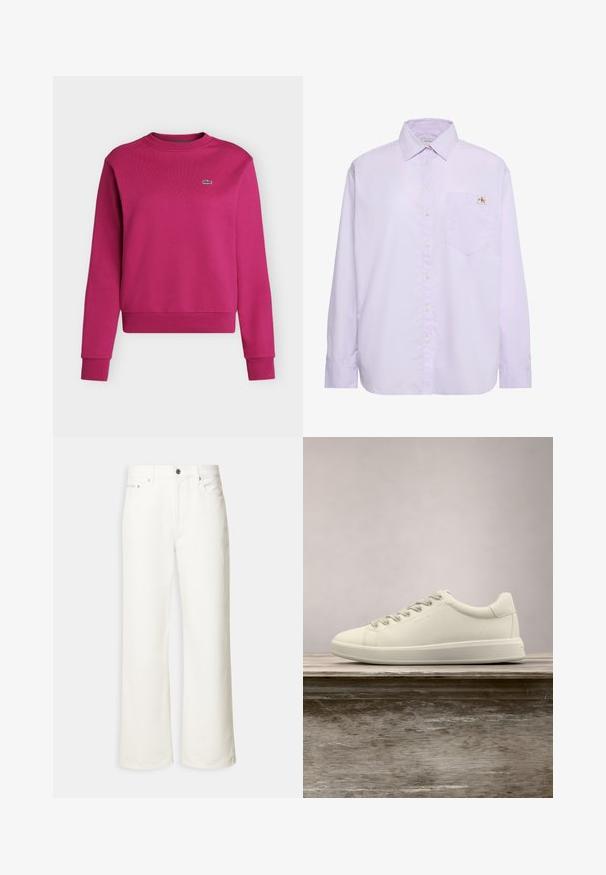 Magenta crewneck sweatshirt med lange ærmer og lille grønt krokodillelogo på venstre bryst, ensfarvet baggrund.; Lys lilla langærmet skjorte med knapper, venstre brystlomme og lille Calvin Klein-logo over lommen.; Hvide jeans med vide ben, foran med knap, bæltestropper og fem-lomme design.; Hvide lave lædersneakers med snørebånd og flad gummisål, vist fra siden på en ensfarvet baggrund.