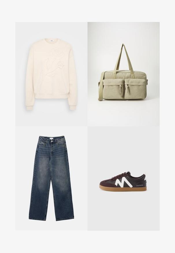 Cremet sweatshirt med en afslappet pasform, der har en ton-i-ton rosenbroderi på fronten, ribbestrik på ærmerne og kanten for ekstra struktur.; Mænds højtaljede blå denim jeans med brede ben, frontknap og lynlås samt for- og baglommer.; Mørkebrun og hvid sneaker med en blanding af ruskind og læder, sål i gummigummi, snørelukning og zigzagmønster på siden.; Even&Odd Weekendtasker - green