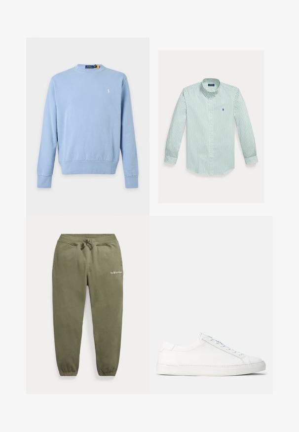 Svetlomodrá mikina s dlhým rukávom a okrúhlym výstrihom s malým bielym logom Polo Ralph Lauren na ľavej strane hrudníka.; Košeľa na gombíky s vertikálnymi zelenými a bielymi pruhmi, vyrobená z bavlny. Má klasický golier, dlhé rukávy a malé logo na hrudi.; Olivovo zelené tepláky s elastickým pásom a manžetami, sťahovacou šnúrkou, bočnými vreckami a malým logom Polo Ralph Lauren na ľavom stehne.; Biele kožené tenisky s hladkým povrchom, zaobleným tvarom, plochou gumenou podrážkou a bielymi šnúrkami. Majú minimalistický dizajn a nenápadné branding.