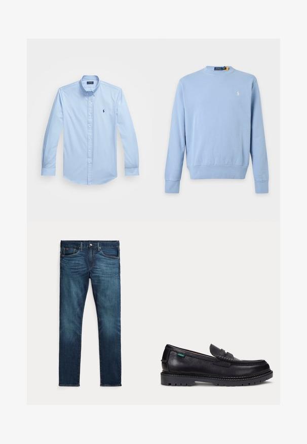 Hellblauer Sweatshirt mit Rundhalsausschnitt und langen Ärmeln mit kleinem weißem Polo Ralph Lauren Logo auf der linken Brust.; Hellblaues Baumwollhemd mit langen Ärmeln, spitzem Kragen und gesticktem Logo auf der linken Brust. Flaches Vorderdesign.; Dunkelblaue Slim-Fit-Jeans mit vorderem Knopf und Reißverschluss, fünf Taschen sowie dezenter Verfärbung an den vorderen Oberschenkeln und Knien.; Schwarzer Lederloafer mit dicker Profilsohle und kleinem grünen "Polo"-Etikett an der Außenseite nahe der Ferse.