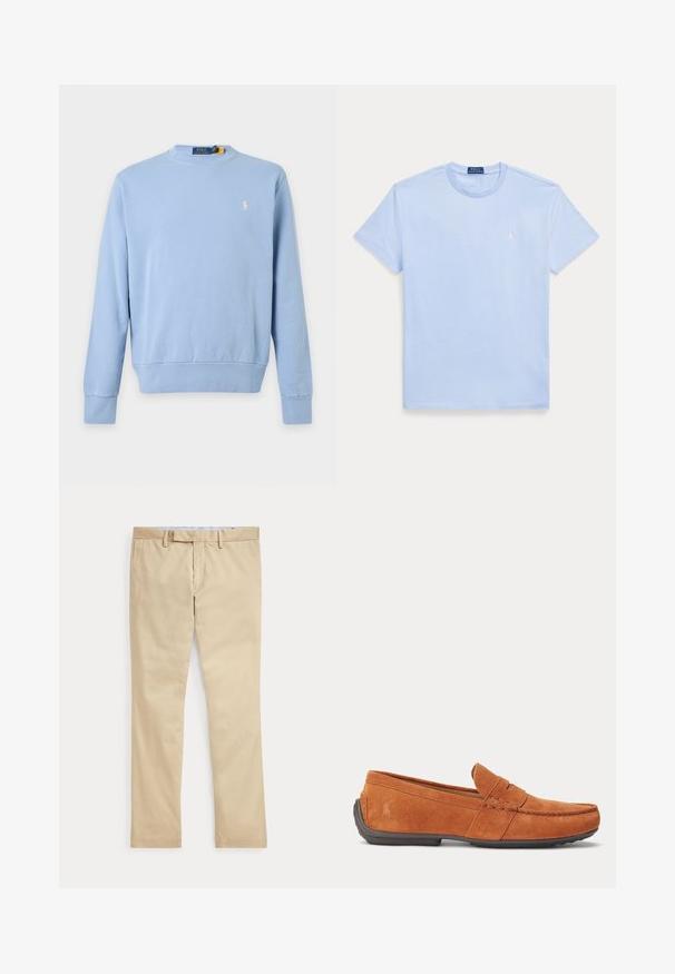 Lichtblauwe lange mouw trui met een ronde hals en een klein wit Polo Ralph Lauren-logo op de linkerborst.; Lichtblauw T-shirt met korte mouwen en ronde hals, met een klein wit geborduurd logo op de linkerborst en een blauw merklabel aan de binnenkant van de kraag.; Beige broek met rechte pijpen, ceintuurlussen en een voorrits, plat gelegd tegen een witte achtergrond.; Bruine suède herensloffen met stikseldetails, een gleuf voor munten op het bovenwerk en een donkere rubberen zool.