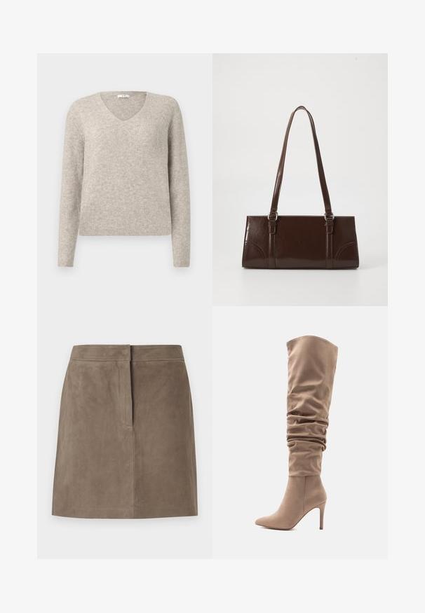 Pull en maille côtelée beige avec des manches longues et un col en V, présenté sur un fond clair uni.; Jupe en suede taupe, longueur genou, avec une coupe droite et un détail de couture dissimulé à l'avant, sur fond uni.; Botte en simili daim beige allant au-dessus du genou avec un design décontracté, un bout pointu et un talon aiguille de 10 cm. Texture lisse et style minimaliste.; Sac à main en cuir verni marron de forme rectangulaire, avec deux longues poignées et des accents courbés subtils à l'avant.