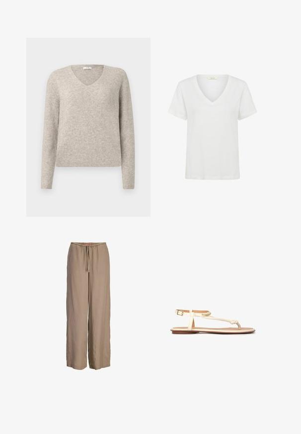 Pull en maille côtelée beige avec des manches longues et un col en V, présenté sur un fond clair uni.; T-shirt blanc pour femme à manches courtes avec col en V, design simple et uni, avec une étiquette "CREAM" à l'intérieur du col.; Pantalon beige ample avec taille élastique et cordon de serrage, jambes larges, en tissu léger.; Sandales ouvertes couleur beige clair avec un design de lanières tressées, boucle de cheville ajustable et semelle plate marron. Matériau lisse et accents minimaux.