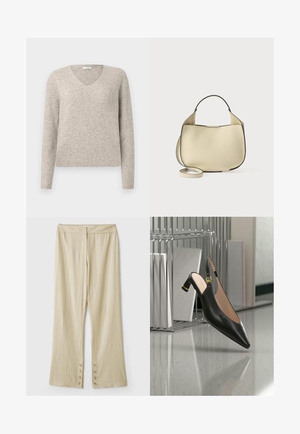 Suéter de punto acanalado beige con mangas largas y cuello en V, presentado sobre un fondo ligero y liso.; Pantalones beige de pierna ancha hechos de tela texturizada, con una cintura lisa y detalles de botones en el dobladillo.; Zapato de cuero negro con puntera puntiaguda y tiras traseras, tacón medio de bloque con detalle dorado, colocado cerca de una estantería metálica y libros sobre un suelo reflectante.; Bolso de cuero crema con acabado texturizado, cuerpo redondeado, ribete negro, asa corta y correa larga ajustable. Cierre no visible.