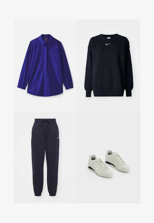 Musta collegepaita puuvillasekoitetta; ribbattu pyöreä kaulus, pitkät hihat ja elastiset hihansuut; rinnassa on pieni hopeinen Nike-logo.; Pitkähiha, kuninkaansinisestä kankaasta valmistettu paita, jossa on klassinen kaulus, yksi rintatasku ja joustavat hihansuut, valmistettu kevyestä kankaasta.; Nike-housut tummansinisestä pehmeästä materiaalista. Vaatteissa on joustava vyötärö, jossa on naru, sekä kynähaitarilla varustetut nilkat. Pieni valkoinen logo korostaa asua.; Valkoiset Nike-tennarit, joissa on teksturoitu päällinen, sileä varvasosa ja mustat pehmustekohdat. Nyöritysstiilillä, jossa on vahvistettu kantapää.