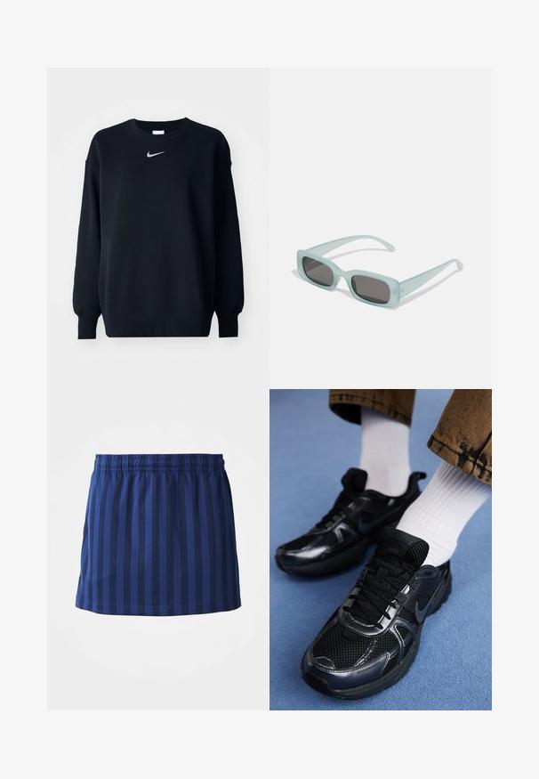 Sort sweatshirt lavet af bomuldsblanding; ribbet rund hals, lange ærmer og elastiske manchetter; har et lille sølvfarvet Nike-logo på brystet.; Mørkeblå nederdel med lodrette striber, elastisk talje, længde til midten af låret, lavet af letvægtsstof, glat tekstur.; Sorte Nike-sneakers med mesh og syntetisk materiale, der har en struktureret overdel, sorte snørebånd og holdbare gummisåler. Hvide ribstrikkede sokker er synlige.; Et par rektangulære solbriller med lyseblå gennemsigtige stel og mørkegrå linser, der har lige templer og minimale hardware detaljer.