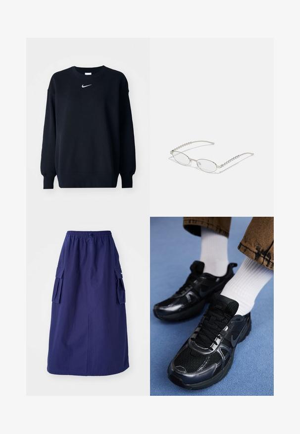 Sort sweatshirt lavet af bomuldsblanding; ribbet rund hals, lange ærmer og elastiske manchetter; har et lille sølvfarvet Nike-logo på brystet.; Marineblå, mellemlang nederdel med elastisk talje, der har to sidelommer og et minimalistisk logodesign. Glat stofstruktur.; Sorte Nike-sneakers med mesh og syntetisk materiale, der har en struktureret overdel, sorte snørebånd og holdbare gummisåler. Hvide ribstrikkede sokker er synlige.; Ovale briller med en metallisk sølvramme, klare linser og strukturerede perleaccentede stænger. Letvægtsdesign med buede arme.