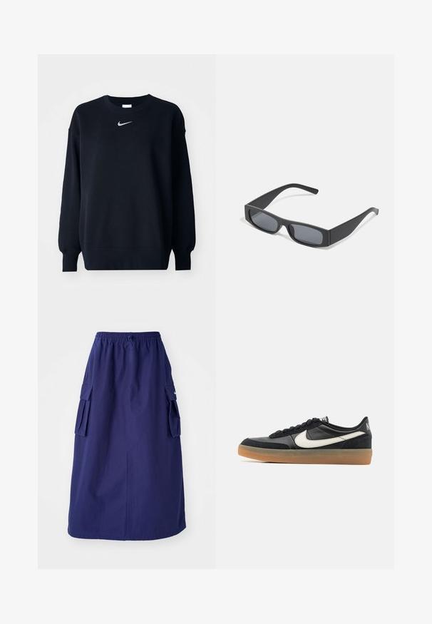 Čierna mikina vyrobená z bavlnenej zmesi; rebrovaný okrúhly výstrih, dlhé rukávy a elastické manžety; s malým strieborným logom Nike na hrudi.; Námornícky modrá sukňa strednej dĺžky s elastickým pásom, ktorá má dve bočné cargo vrecká a minimálnu logotlač. Hladká textúra látky.; Čierna atletická obuv s textúrovaným koženým vrchom, bielym logom Swoosh a gumovou podrážkou. Šnurovací dizajn s polstrovaním v oblasti goliera.; Čierne obdĺžnikové slnečné okuliare s tmavými sklami a hrubými matnými rámami. Ramena sú mierne zúžené s hladkým povrchom.