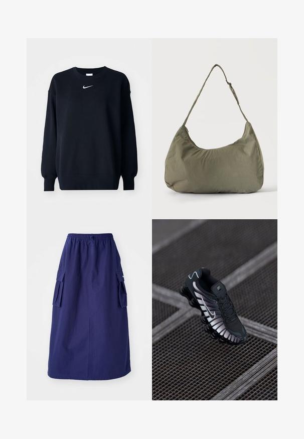 Sort sweatshirt lavet af bomuldsblanding; ribbet rund hals, lange ærmer og elastiske manchetter; har et lille sølvfarvet Nike-logo på brystet.; Marineblå, mellemlang nederdel med elastisk talje, der har to sidelommer og et minimalistisk logodesign. Glat stofstruktur.; Sort atletisk sko med tekstureret mesh-overdel, sølv accenter, svangstøtte og polstret sål med en fremtrædende segmenteret design.; Skuldertaske i blødt olivengrønt stof med lynlås og justerbar rem på ensfarvet, lyst baggrund.