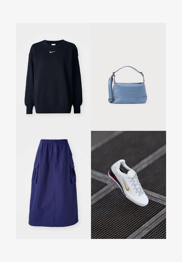 Sort sweatshirt lavet af bomuldsblanding; ribbet rund hals, lange ærmer og elastiske manchetter; har et lille sølvfarvet Nike-logo på brystet.; Marineblå, mellemlang nederdel med elastisk talje, der har to sidelommer og et minimalistisk logodesign. Glat stofstruktur.; Hvid atletiksko med tekstureret overdel, gyldent swoosh-logo, røde detaljer ved hælen og grå snørebånd. Hævet sål for ekstra stødabsorbering.; Lyseblå taske med krokodillepræg, kort håndtag og aftagelig skulderrem. Glat tekstur med lynlås.