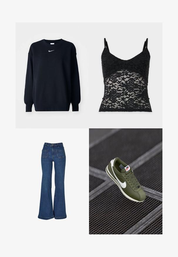 Sweatshirt noir en mélange de coton ; col rond côtelé, manches longues et poignets élastiques ; arbore un petit logo Nike argenté sur la poitrine.; Caraco noir en dentelle florale avec fines bretelles réglables et panneau en tulle semi-transparent sous la poitrine.; Jean en denim bleu taille haute avec jambes évasées larges, poches plaquées à l'avant, passants de ceinture et fermeture par bouton.; Chaussure Nike vert olive avec un swoosh blanc, dessus texturé, lacets et semelle en caoutchouc crème. Présentée sur une surface quadrillée.