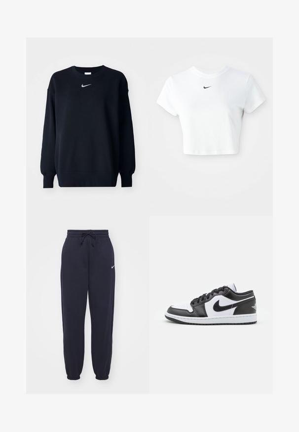 Čierna mikina vyrobená z bavlnenej zmesi; rebrovaný okrúhly výstrih, dlhé rukávy a elastické manžety; s malým strieborným logom Nike na hrudi.; Biely skrátený tričko vyrobené z bavlny, s krátkymi rukávmi a okrúhlym výstrihom, s čiernym logom Nike na hrudi.; Nike tepláky v námornej modrej farbe, vyrobené z mäkkého materiálu. Obsahujú elastický pás s šnúrkou a sťahovacie nohavice. Malý biely logotyp ako akcent.; Čierno-biele nízke tenisky Nike majú hladký kožený zvršok, okrúlu špičku, šnurovacie zapínanie a vzorovanú gumovú podrážku.
