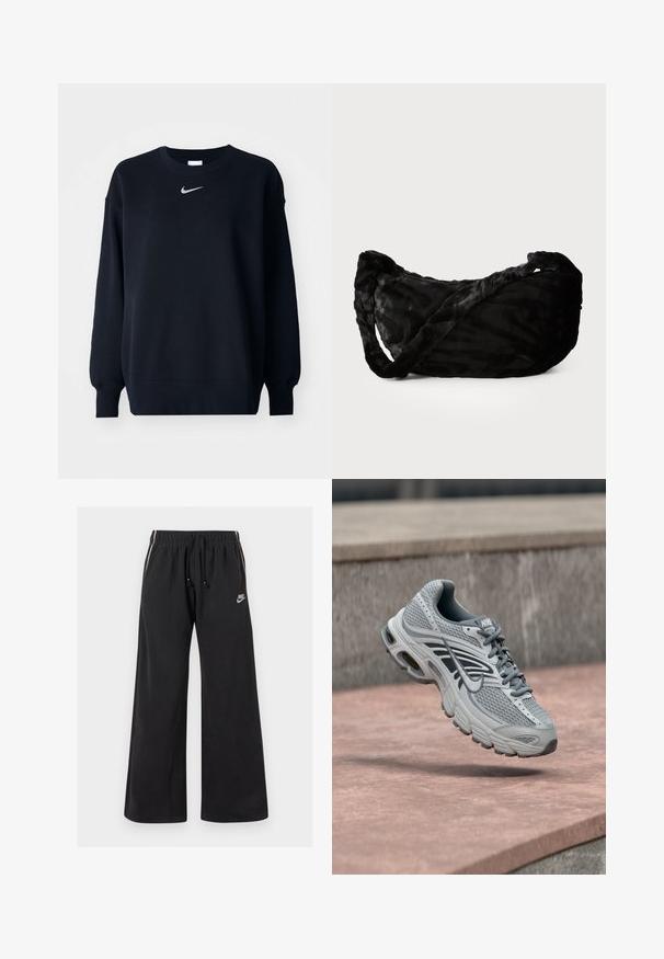 Sort sweatshirt lavet af bomuldsblanding; ribbet rund hals, lange ærmer og elastiske manchetter; har et lille sølvfarvet Nike-logo på brystet.; Sorte sweatpants lavet af blødt stof, med en elastisk talje og snøre, sidestriber og et lille logo på venstre front.; Lys grå og hvid Nike løbesko med mesh-design, svævende over en stenet overflade udendørs.; Sort stofpose med et struktureret bølgemønster, der har et snoet håndtag og afrundet form. Blødt, pelsagtigt materiale, der giver en taktil fornemmelse.