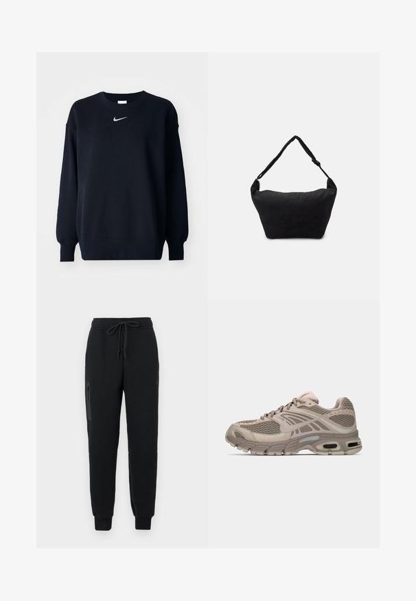 Sort sweatshirt lavet af bomuldsblanding; ribbet rund hals, lange ærmer og elastiske manchetter; har et lille sølvfarvet Nike-logo på brystet.; Sorte sweatpants med snoretræk i taljen, lynlåslomme i siden og tætsiddende nederste kant. Fremstillet af blødt, struktureret stof.; Beige sportssko med mesh-overdel, formede detaljer, rund tå og synlig luftdækning i sålen. Snørebånd i neutral farve.; Sort stof skuldertaske med en blød tekstureret overflade, rund form og en enkelt rem. Minimalistisk design uden synligt hardware eller accenter.